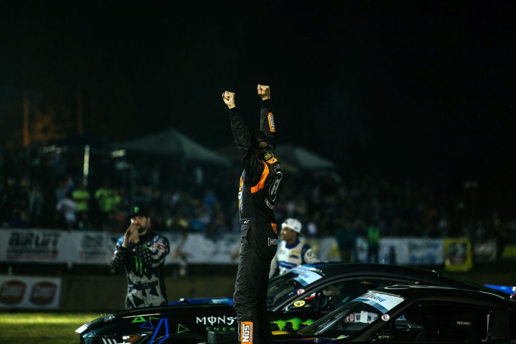 Chris Forsberg taking Voodoo13 Nissan 370z suspension arms to a win at Formula Drift Road Atlanta